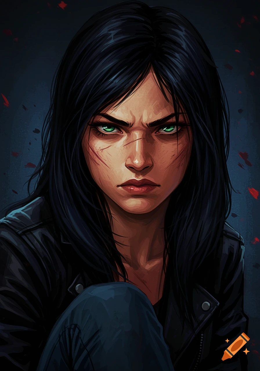Comic art portrait of a determined woman with scars and green eyes in a leather jacket.