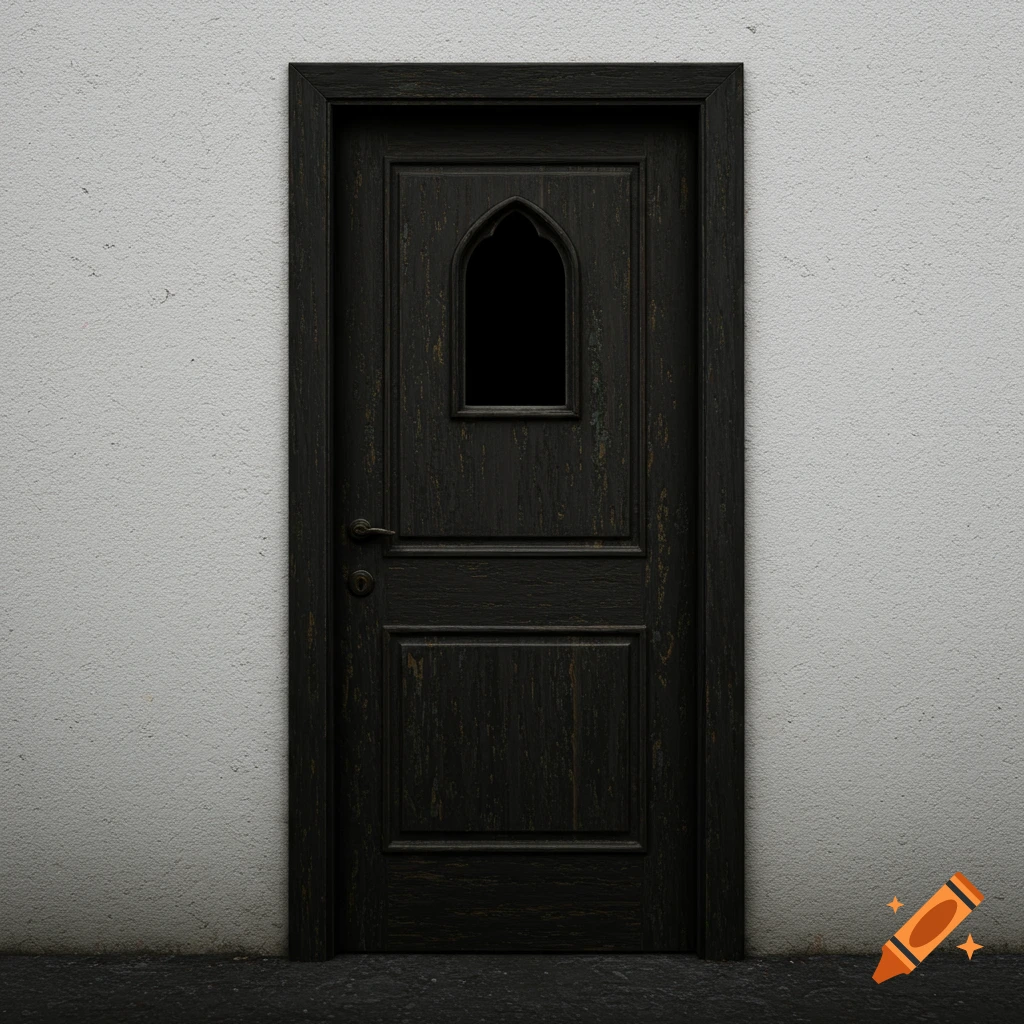 A dark wooden door with an arched window in a white wall.