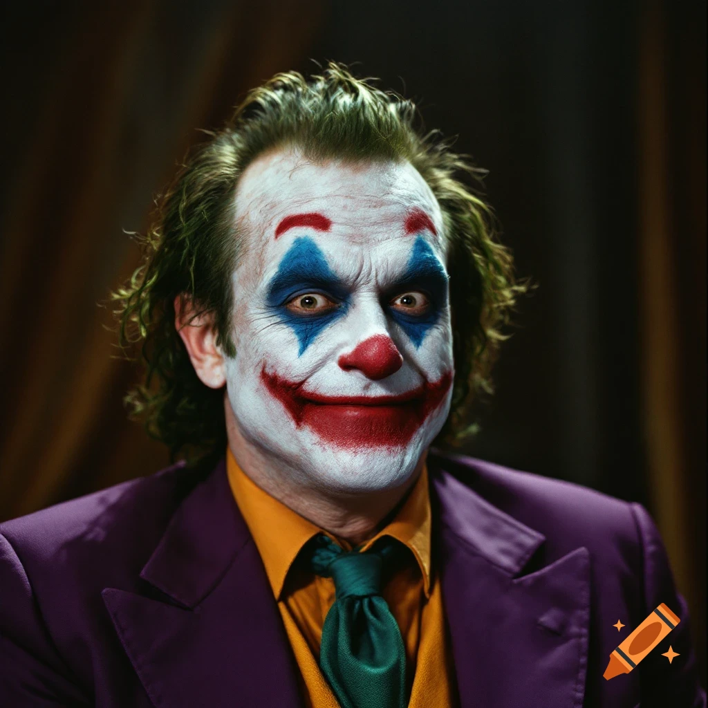 Portrait of a man resembling Robin Williams as the Joker in purple suit, orange shirt, green tie, looking intensely at the camera.