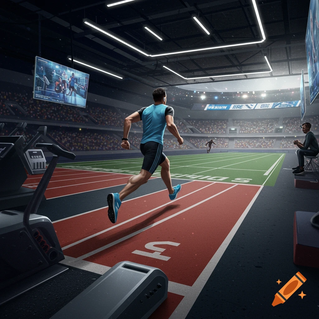 A runner on a track in a stadium with large screens and treadmills.