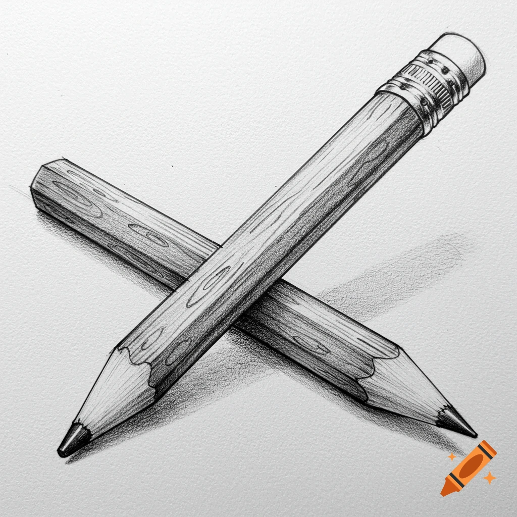 A black and white sketch of two pencils crossed over each other.