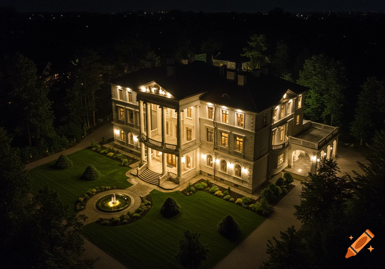 A large mansion illuminated at night with bright lights in the windows.