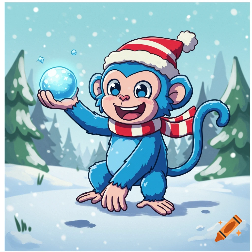 A blue cartoon monkey wearing a Santa hat and scarf holds a glowing snowball in a snowy forest.