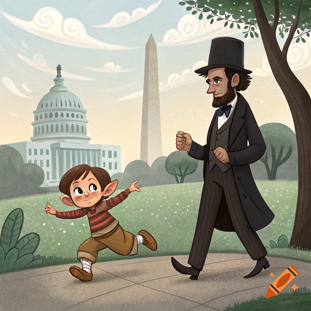 Stylized cartoon illustration of Abraham Lincoln walking with a boy with pointy ears in front of the Capitol and Washington Monument.
