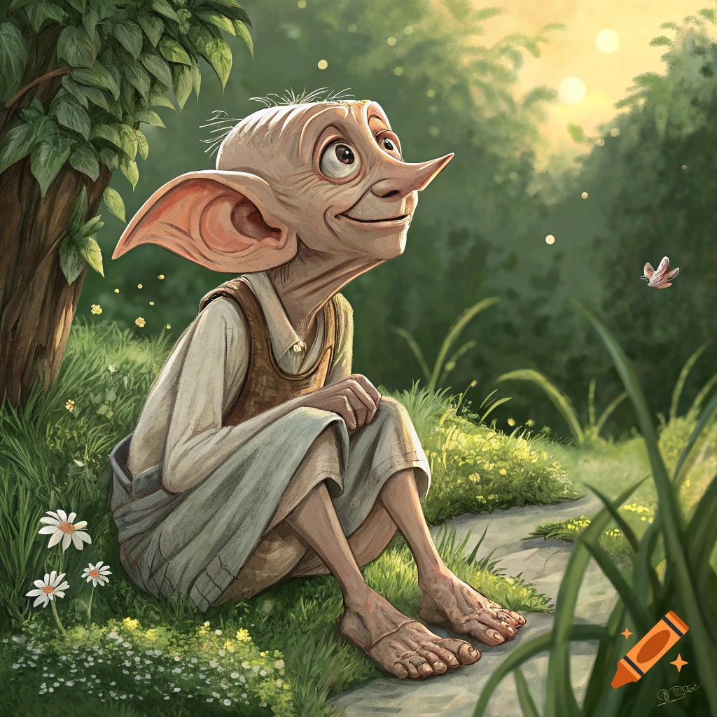An illustration of Dobby the house-elf sitting under a tree in a sunlit forest clearing.
