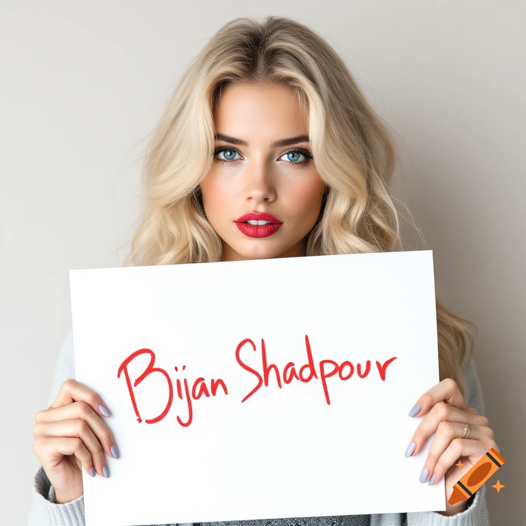 A photorealistic portrait of a blonde woman holding a sign with the name Bijan Shadpour.