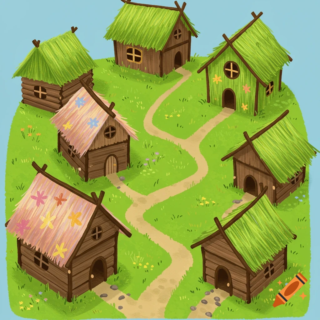 Clip art top view of a village with stick and grass houses and winding paths