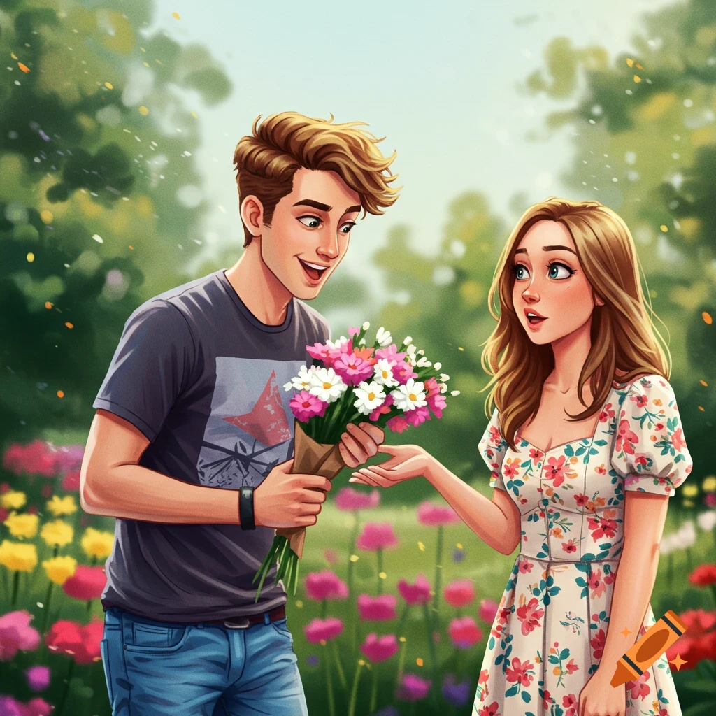Illustration of a man giving a bouquet of flowers to a woman in a garden.