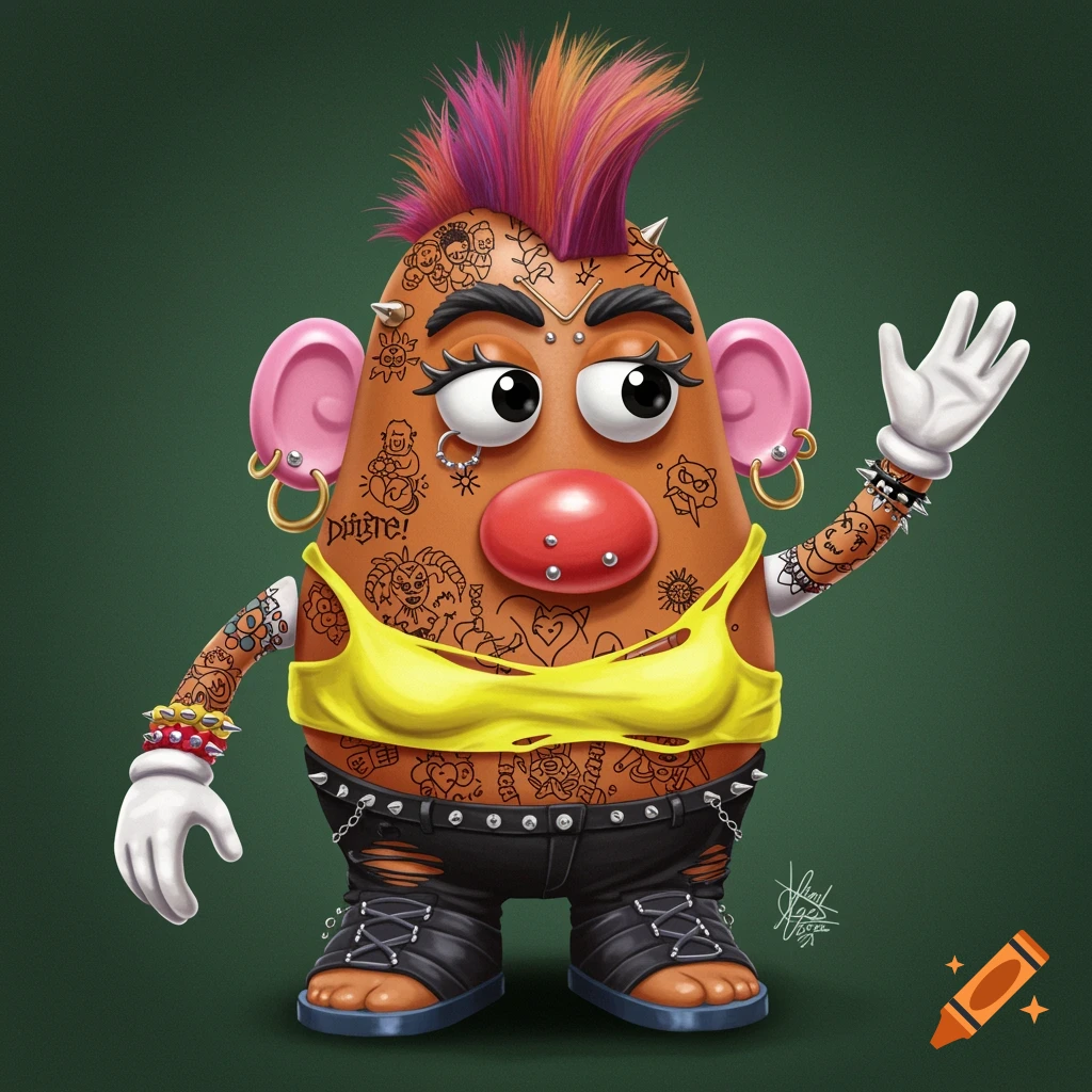 Mr. Potato Head reimagined as a punk rocker, complete with a mohawk, tattoos, piercings, and ripped clothing.