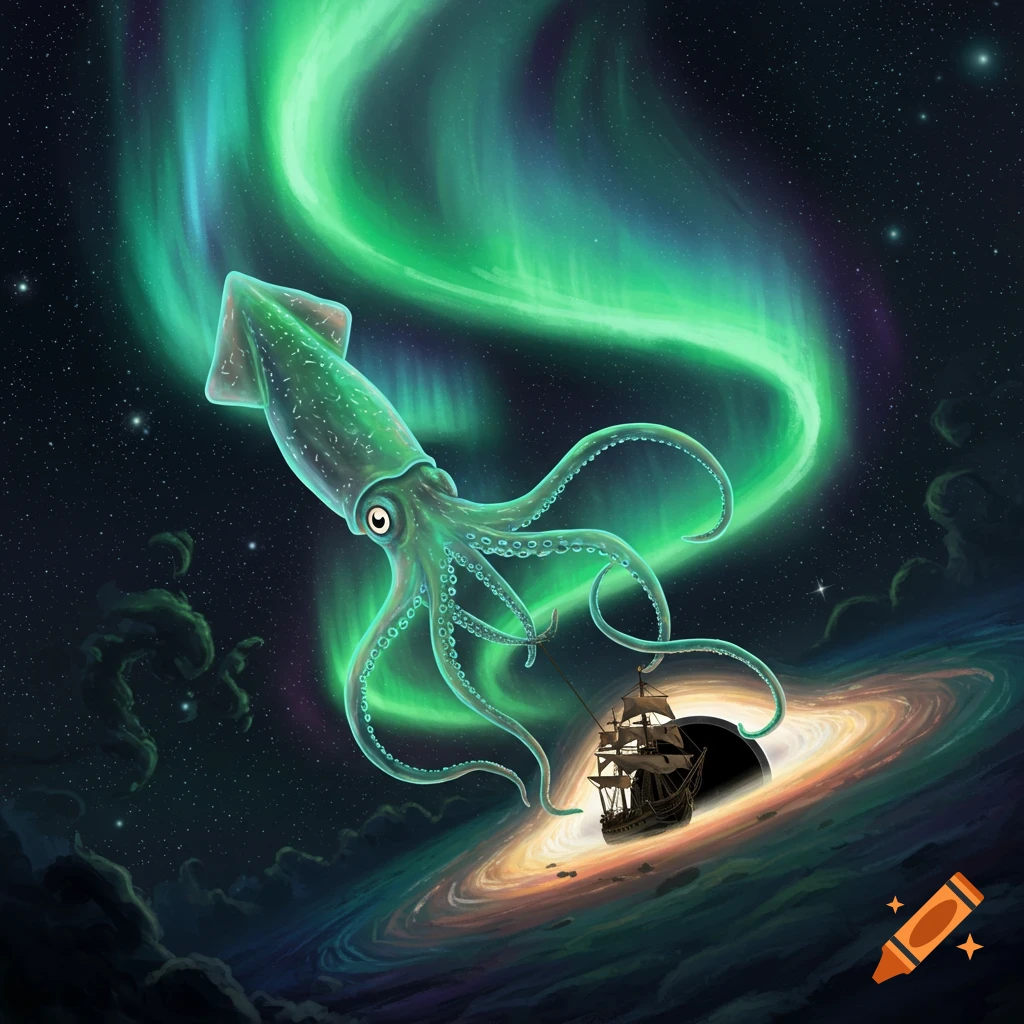 A giant aurora squid dragging a ship into a black hole in space.