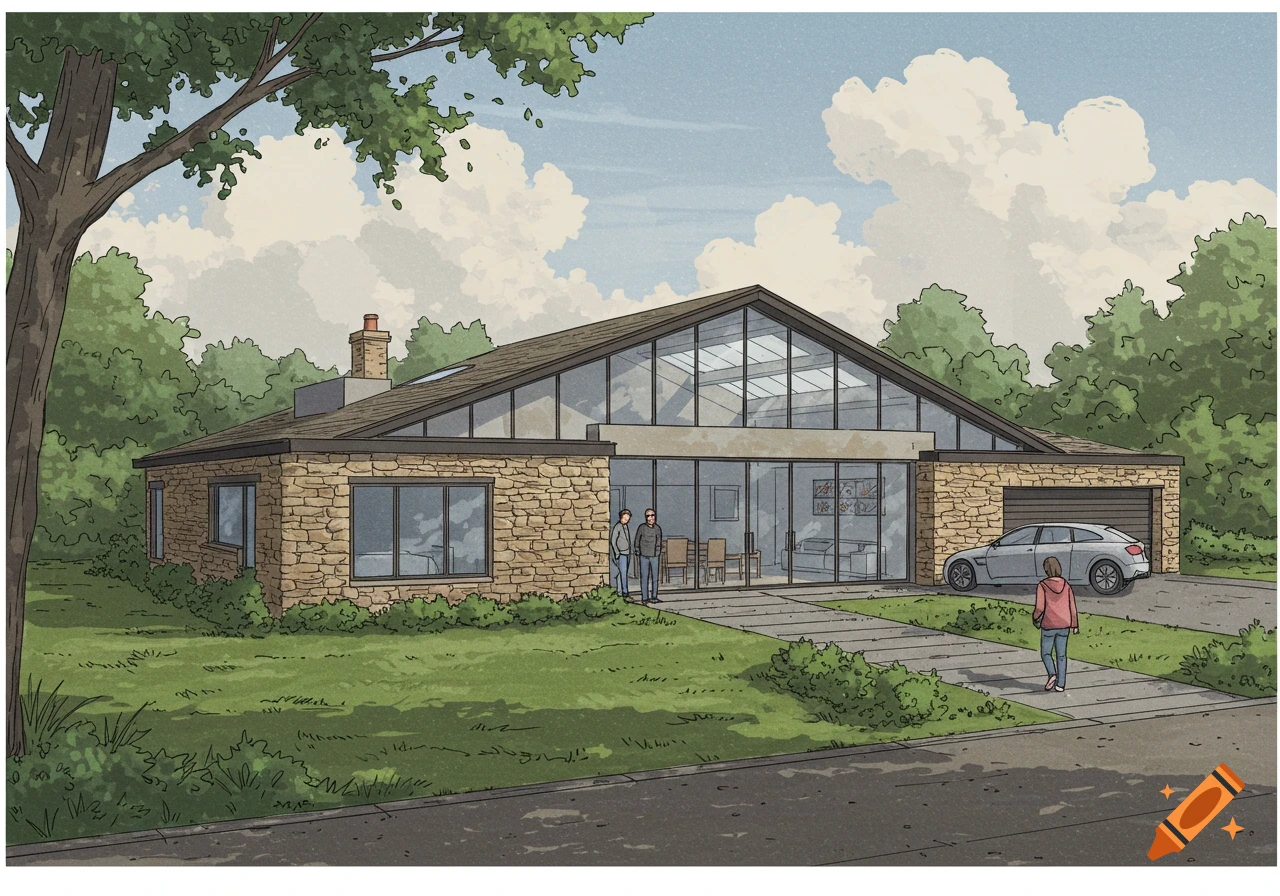 Illustration of a modern house with a large glass facade and stone walls, set in a landscape with trees and a car.