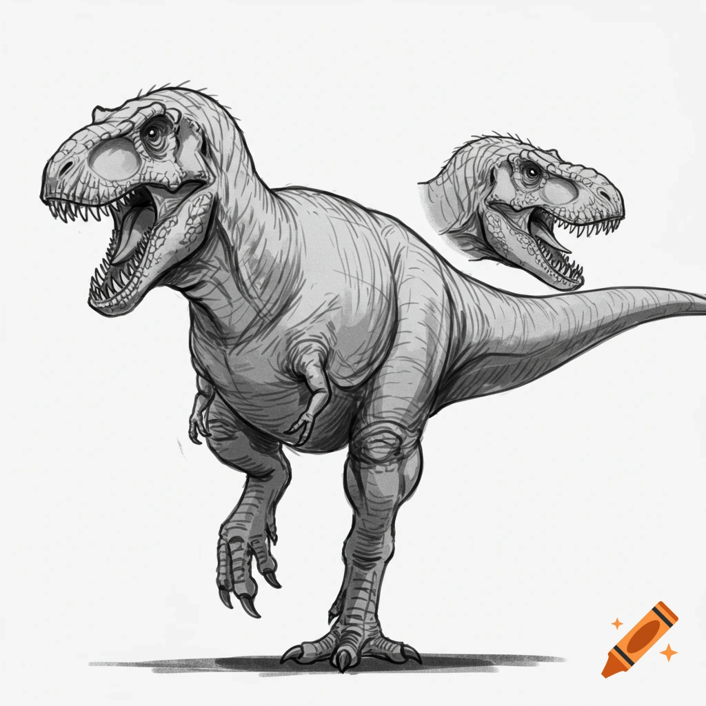 Black and white sketch of a Tyrannosaurus Rex with a detailed head view.