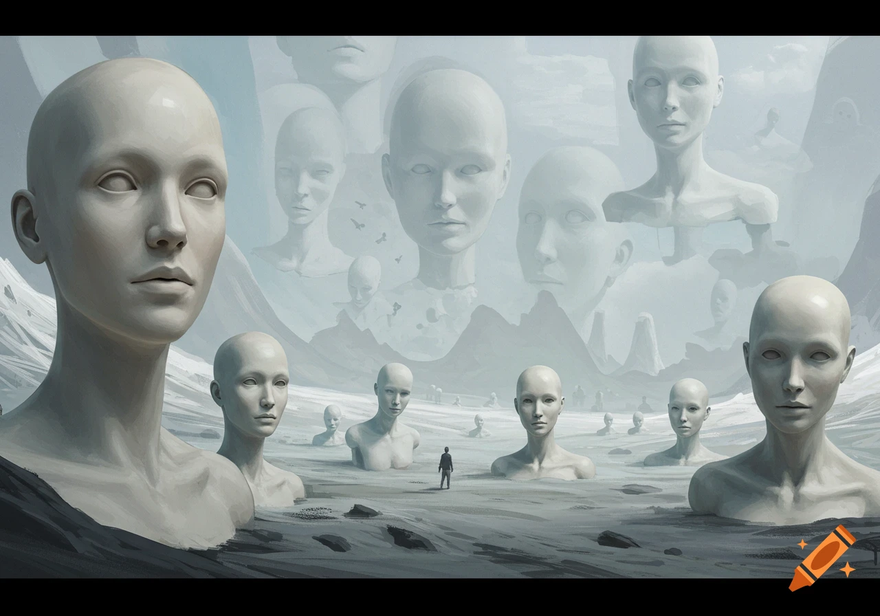 Featureless bald busts and heads float in a misty landscape with a small human figure.