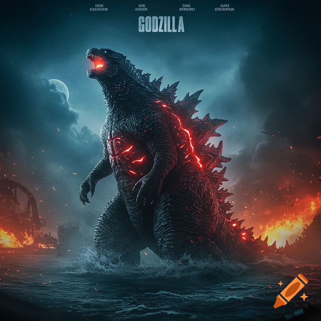 A large monster resembling Godzilla rises from the ocean at night, glowing red, with fire in the background, in a film poster style.