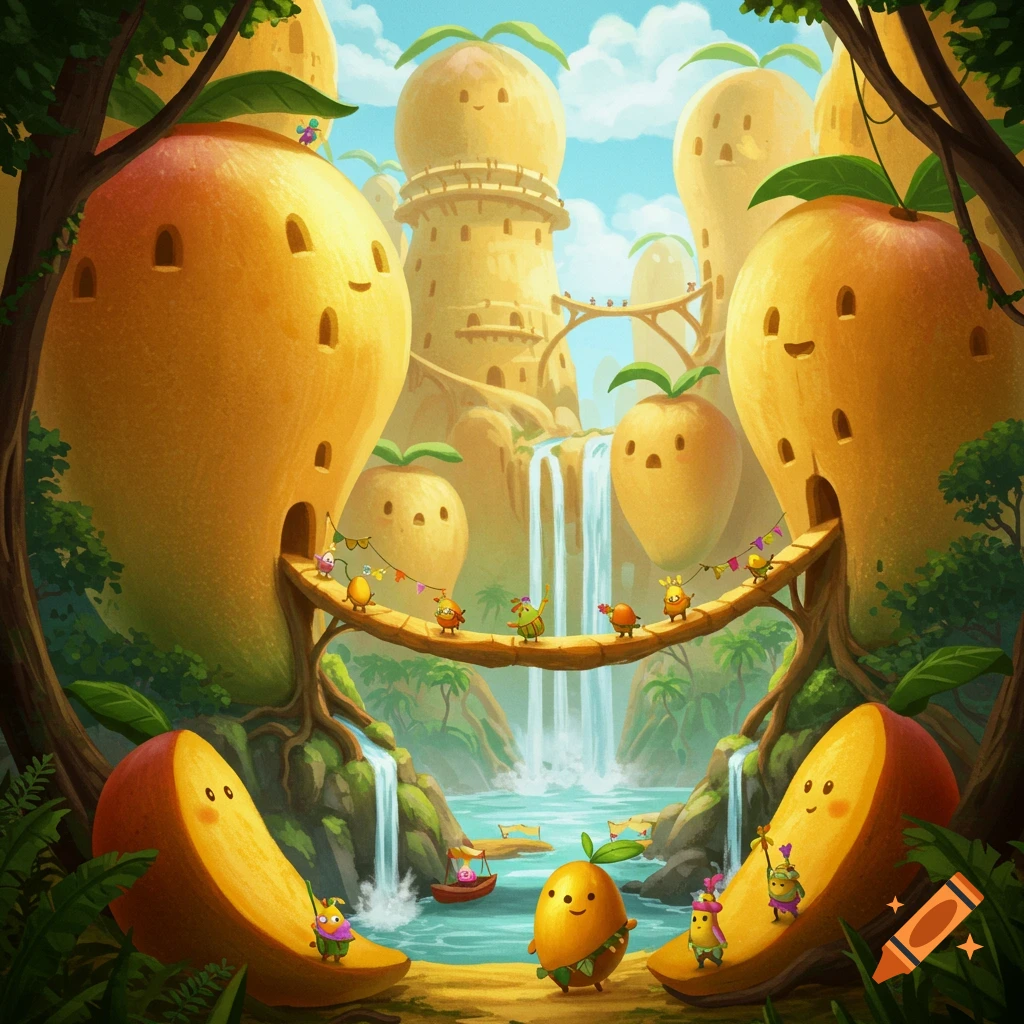 A cartoon fantasy landscape featuring buildings shaped like giant mangoes, waterfalls, and small cute characters.