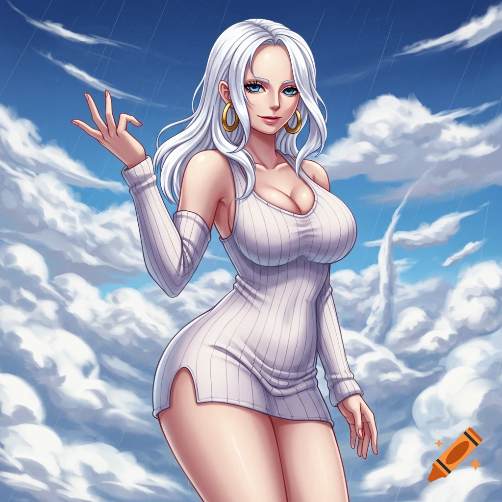 Anime illustration of a woman with white hair and blue eyes in a white sweater dress against a cloudy sky.