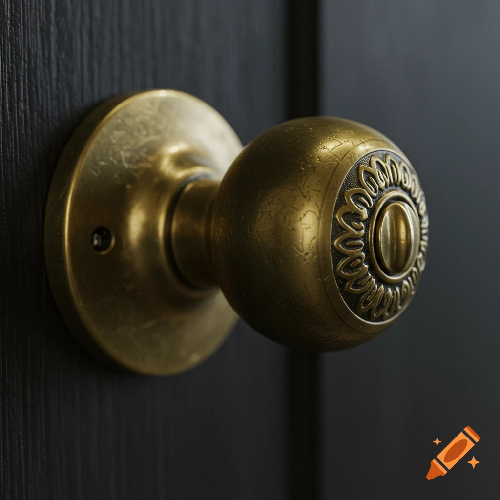 Close-up of a brass doorknob with an ornate design on a dark door.