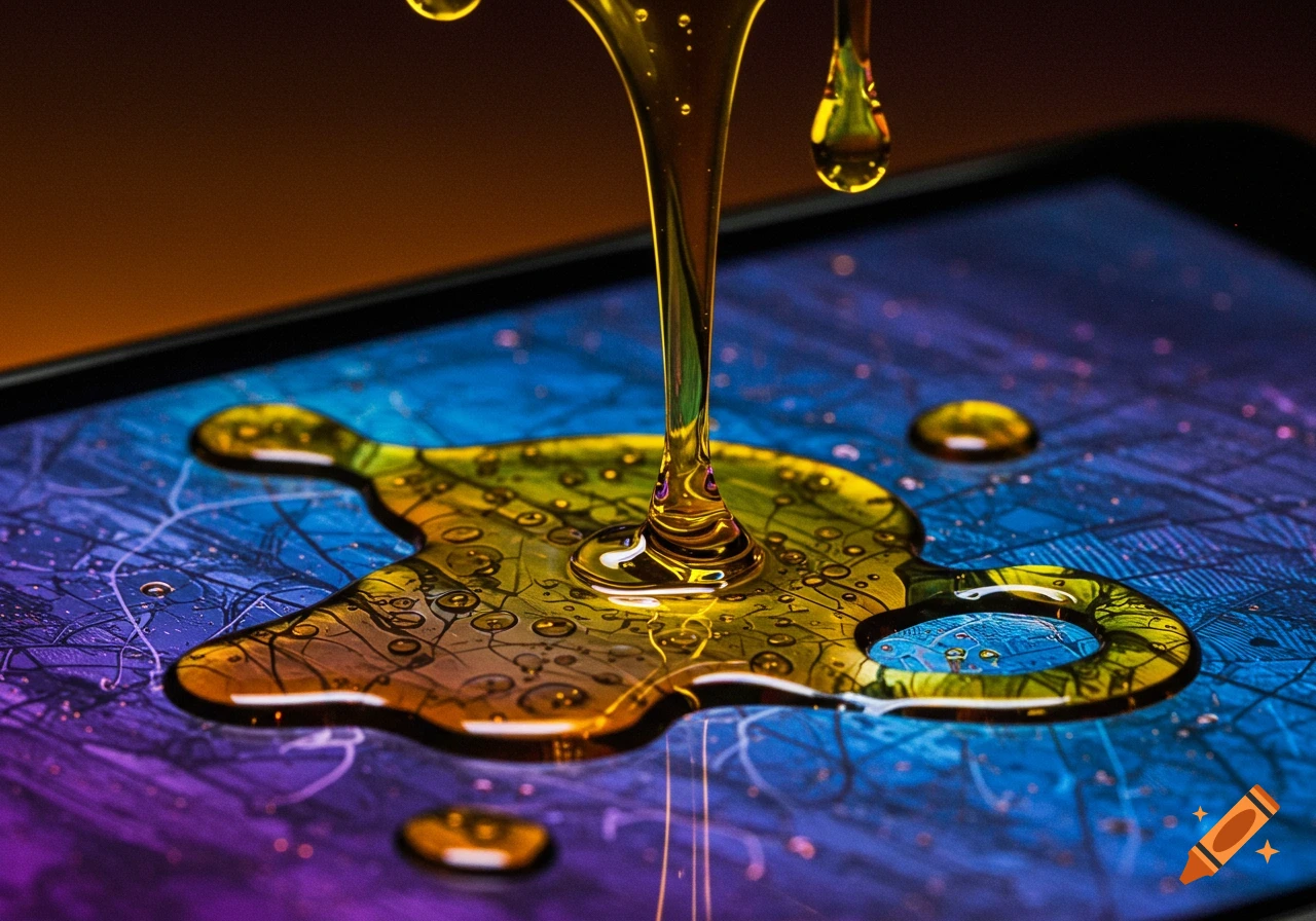 Close-up of golden cannabis oil dripping onto a colorful blue and purple surface that looks like a circuit board.
