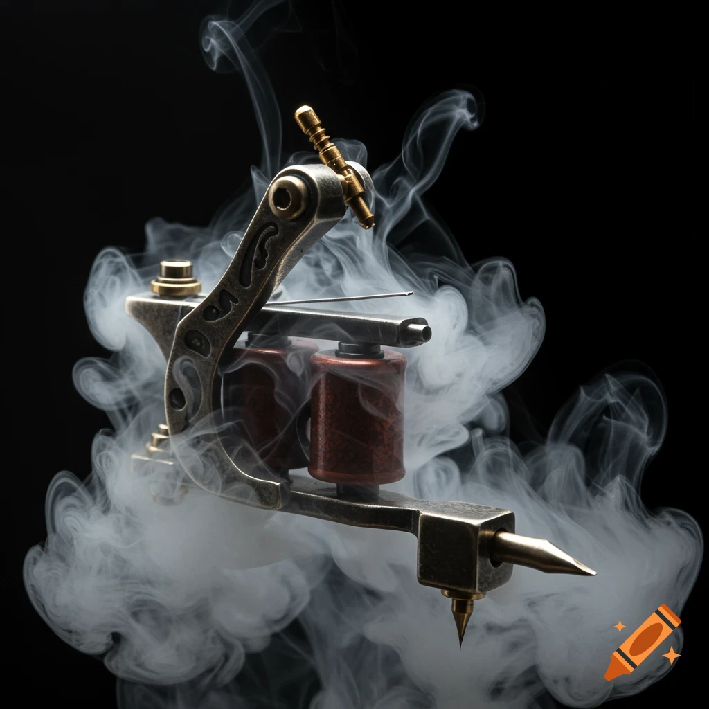 A metallic tattoo machine is engulfed in swirling white smoke against a solid black background.