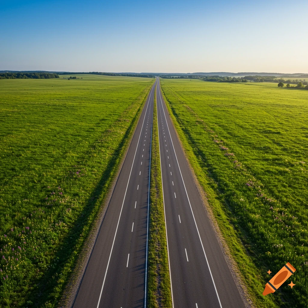 An aerial view of a straight highway through vast green grassland.