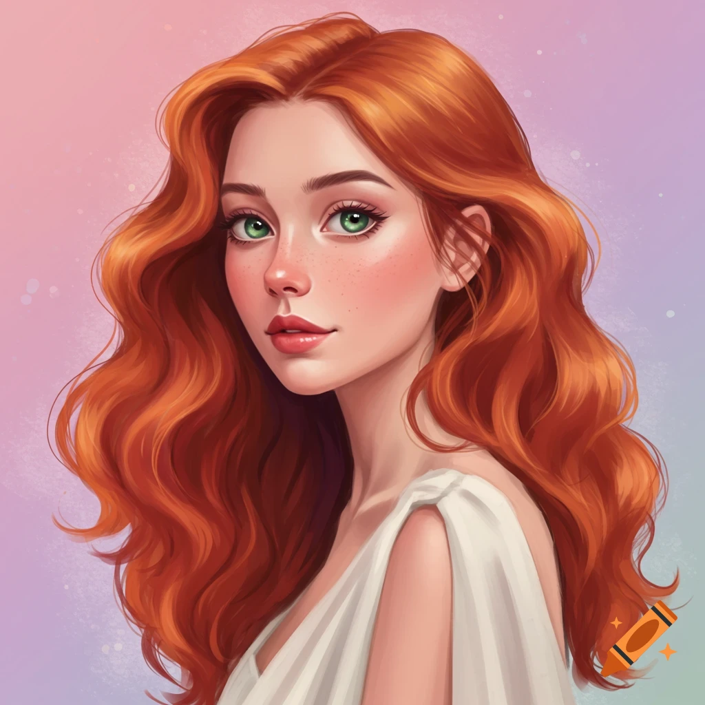 A red-haired woman with green eyes and freckles, wearing a white garment, against a soft gradient background.