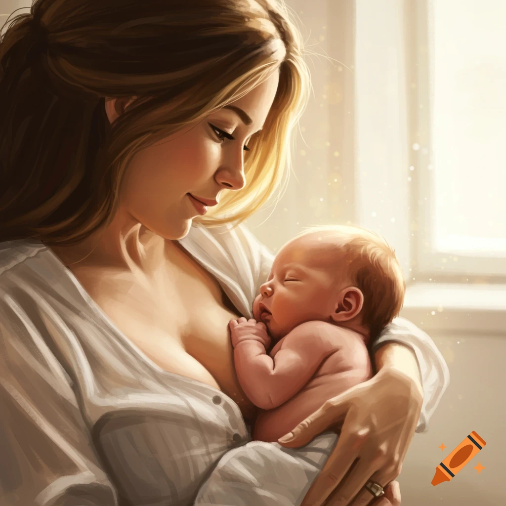 A mother is breastfeeding her newborn baby, illuminated by warm light.