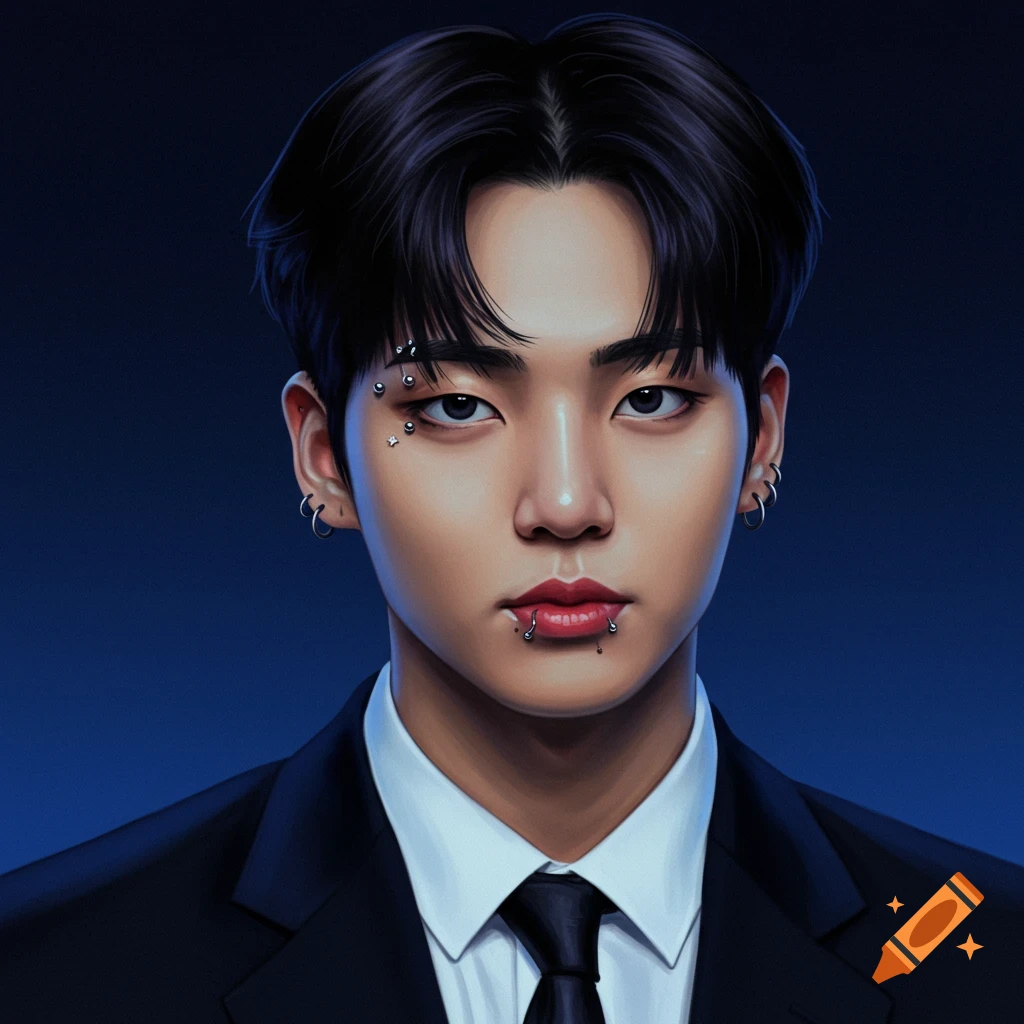 Portrait of a young man with facial piercings wearing a black suit.