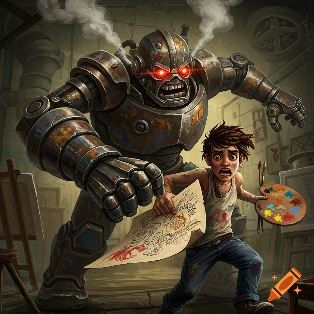 An angry robot is chasing a frightened artist holding a drawing and a paint palette.