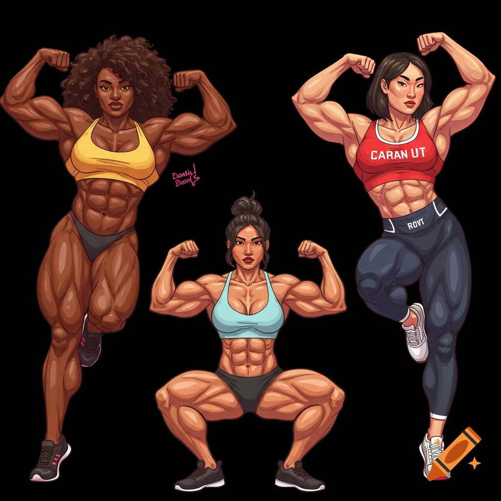 Three muscular women posing