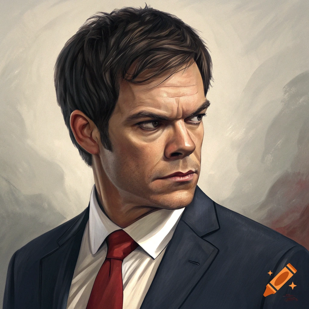 A realistic portrait of a man in a dark suit and red tie, looking intensely to the side.