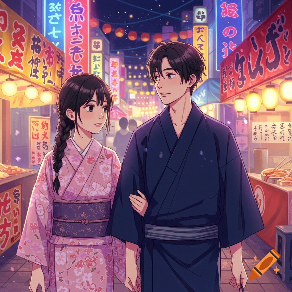 Anime style image of a Japanese couple in yukata walking through a vibrant night market with glowing lanterns and signs.