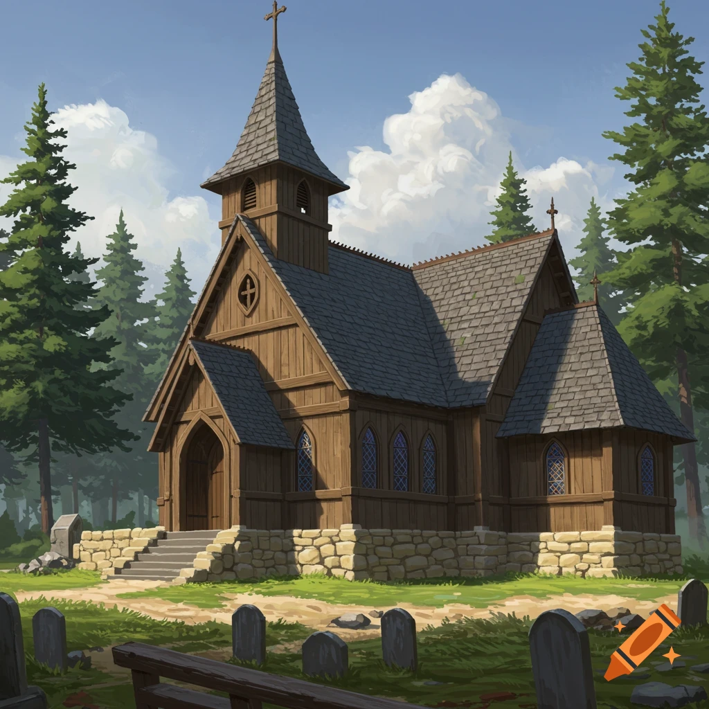 A wooden church with a stone foundation stands next to a graveyard and pine trees.