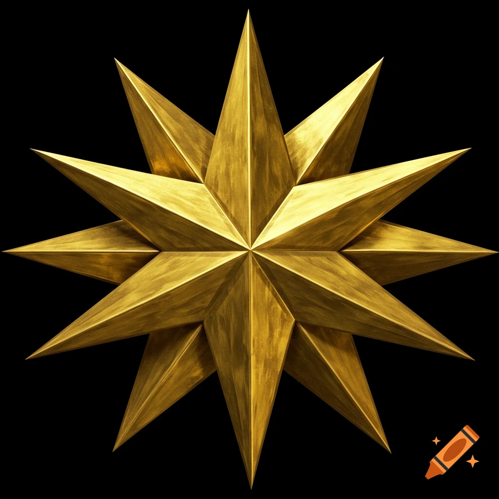 A realistic golden star with many points against a black background