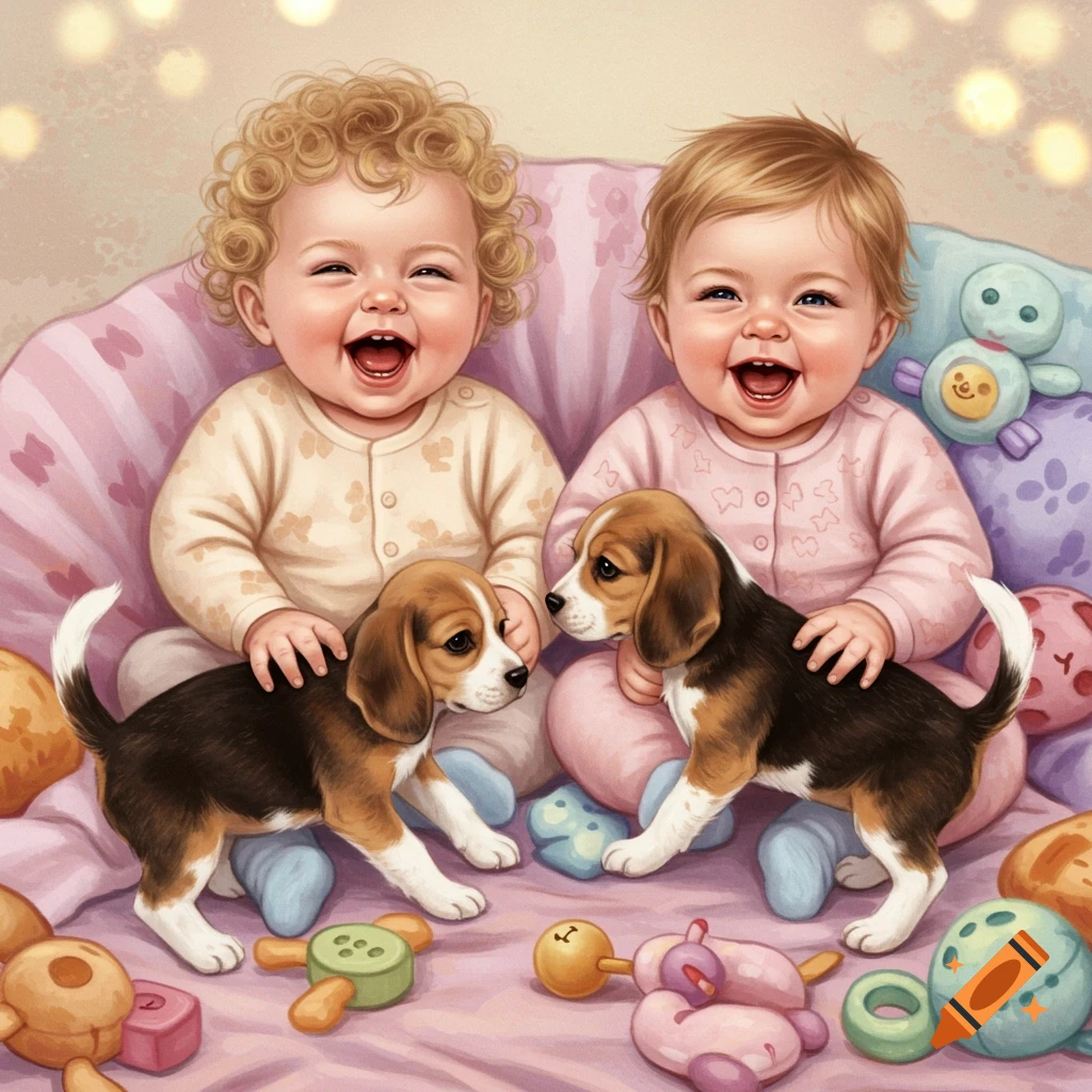 Two giggling babies sit among toys and blankets with two beagle puppies in a whimsical setting.
