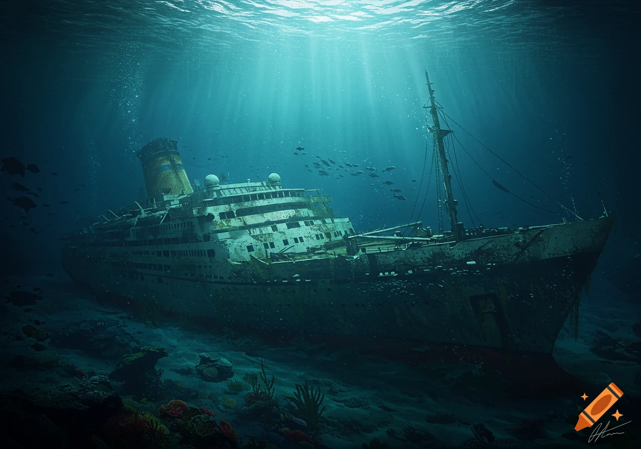 A sunken cruise ship rests on the ocean floor, with rays of light piercing the water and schools of fish swimming around it.