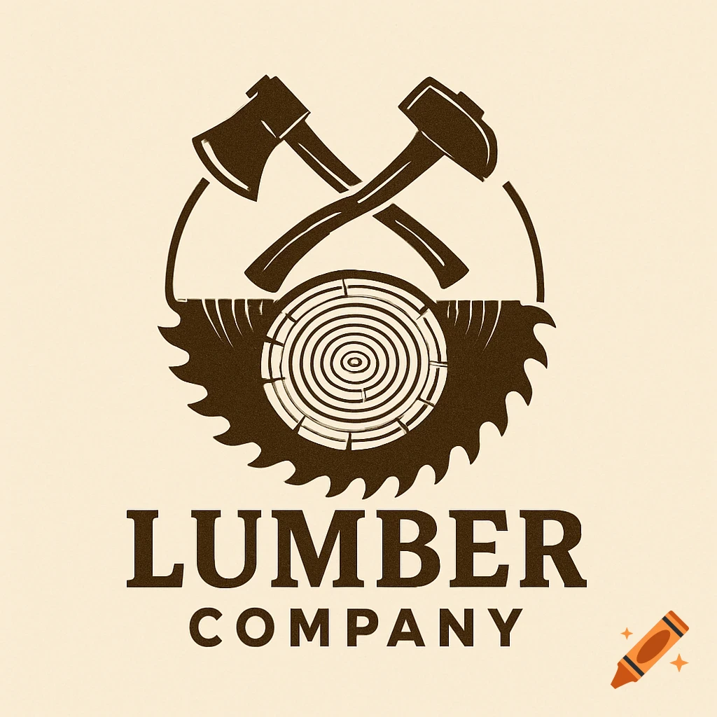 Logo with crossed axes, saw blade, log, and text 'LUMBER COMPANY'.