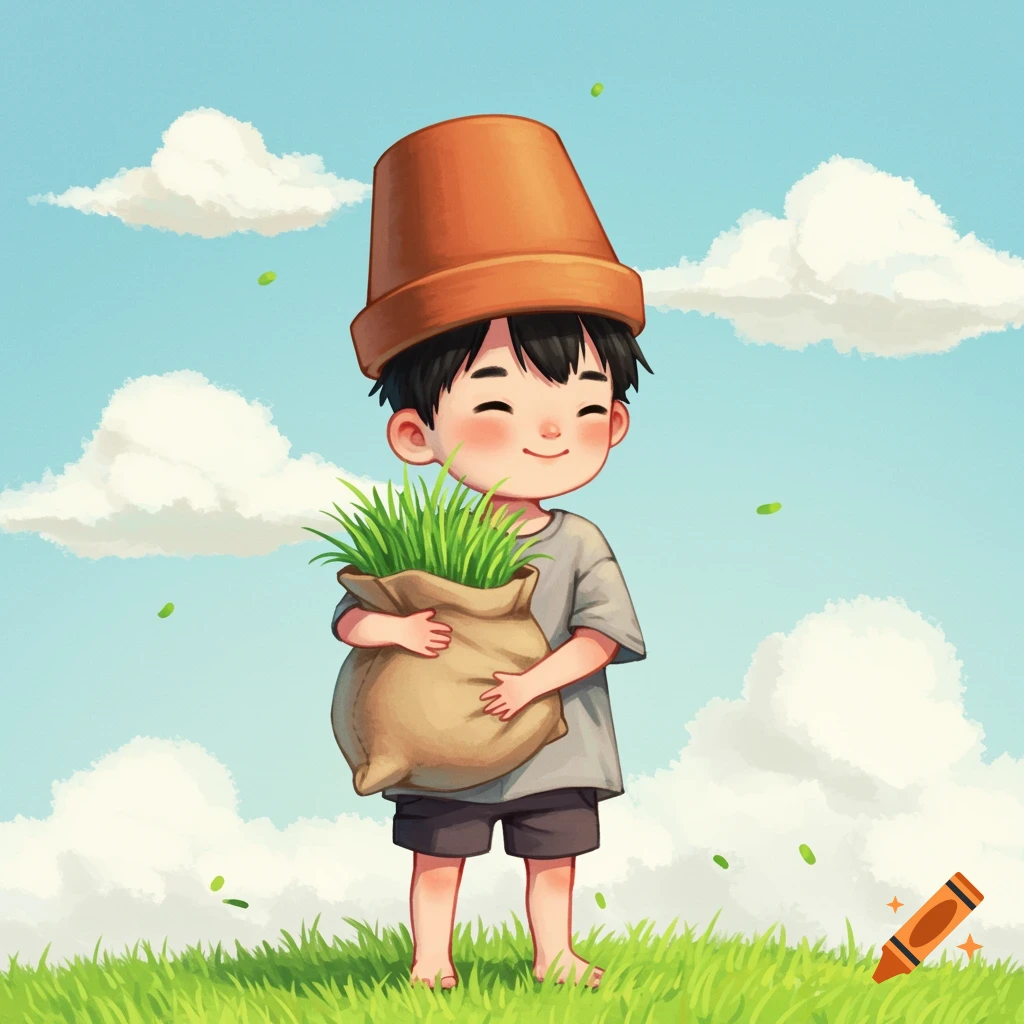Whimsical digital illustration of a boy with a pot on his head holding a sack of grass in a field under a cloudy sky.