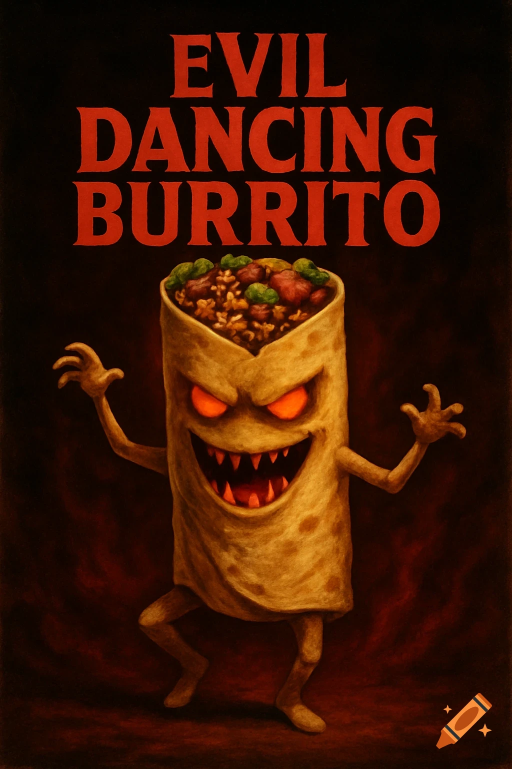 A movie poster features an evil-looking cartoon burrito with arms and legs dancing. The title reads "EVIL DANCING BURRITO".