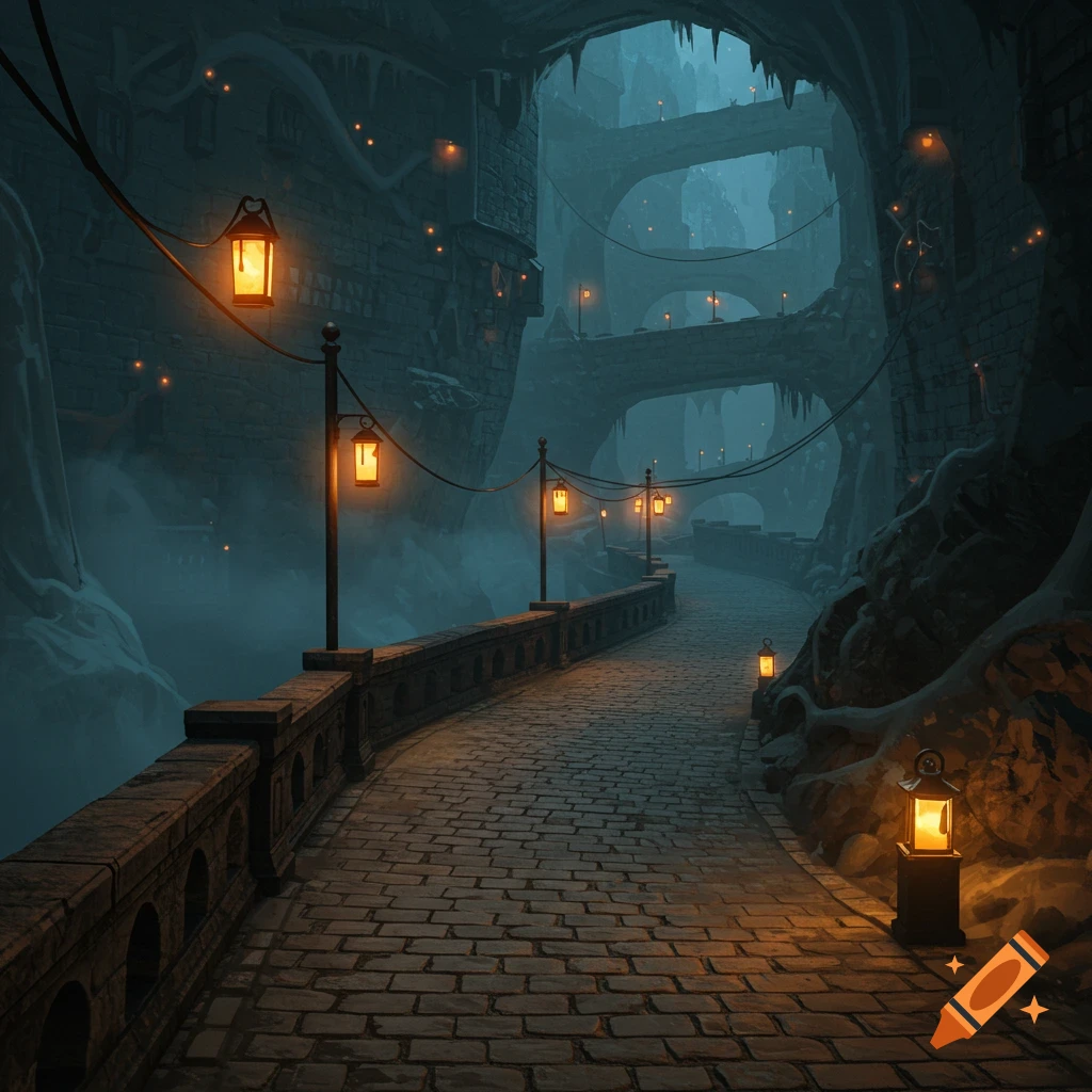 An underground fantasy city with a stone road, elevated buildings, and lanterns.