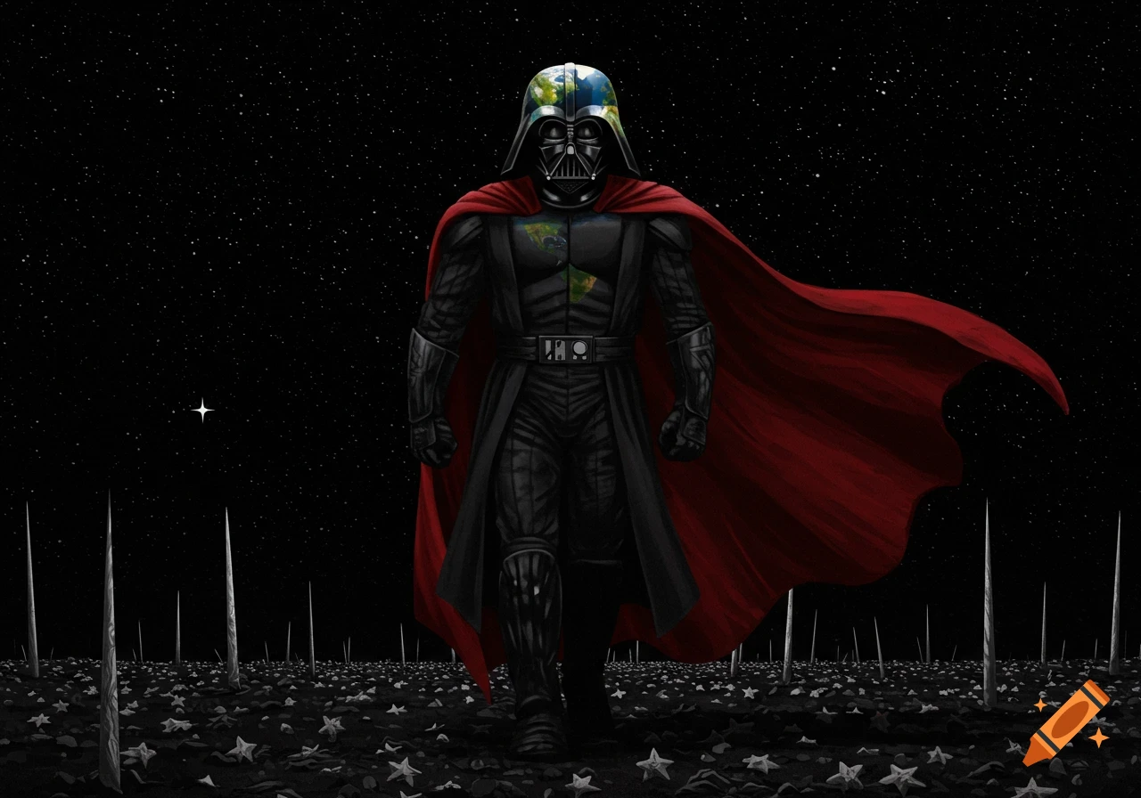 A figure resembling Darth Vader, with Earth maps on the helmet and chest, stands in a field under a starry sky.