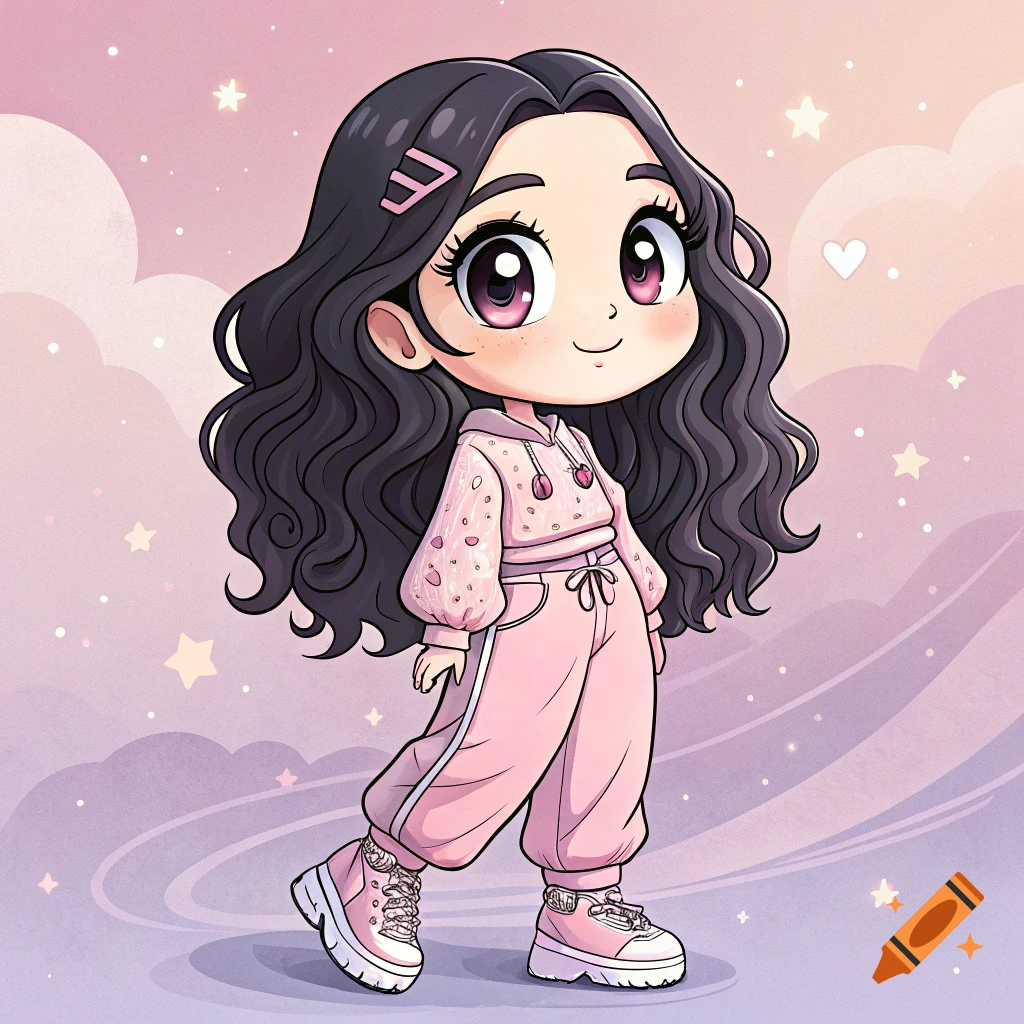 Cute anime girl in pink tracksuit against a pastel sky with stars and clouds.