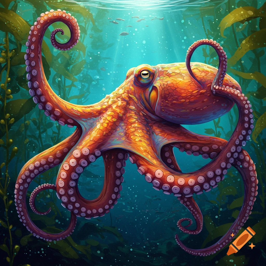 A vibrant orange and purple octopus swims among green seaweed in a sunlit underwater scene.