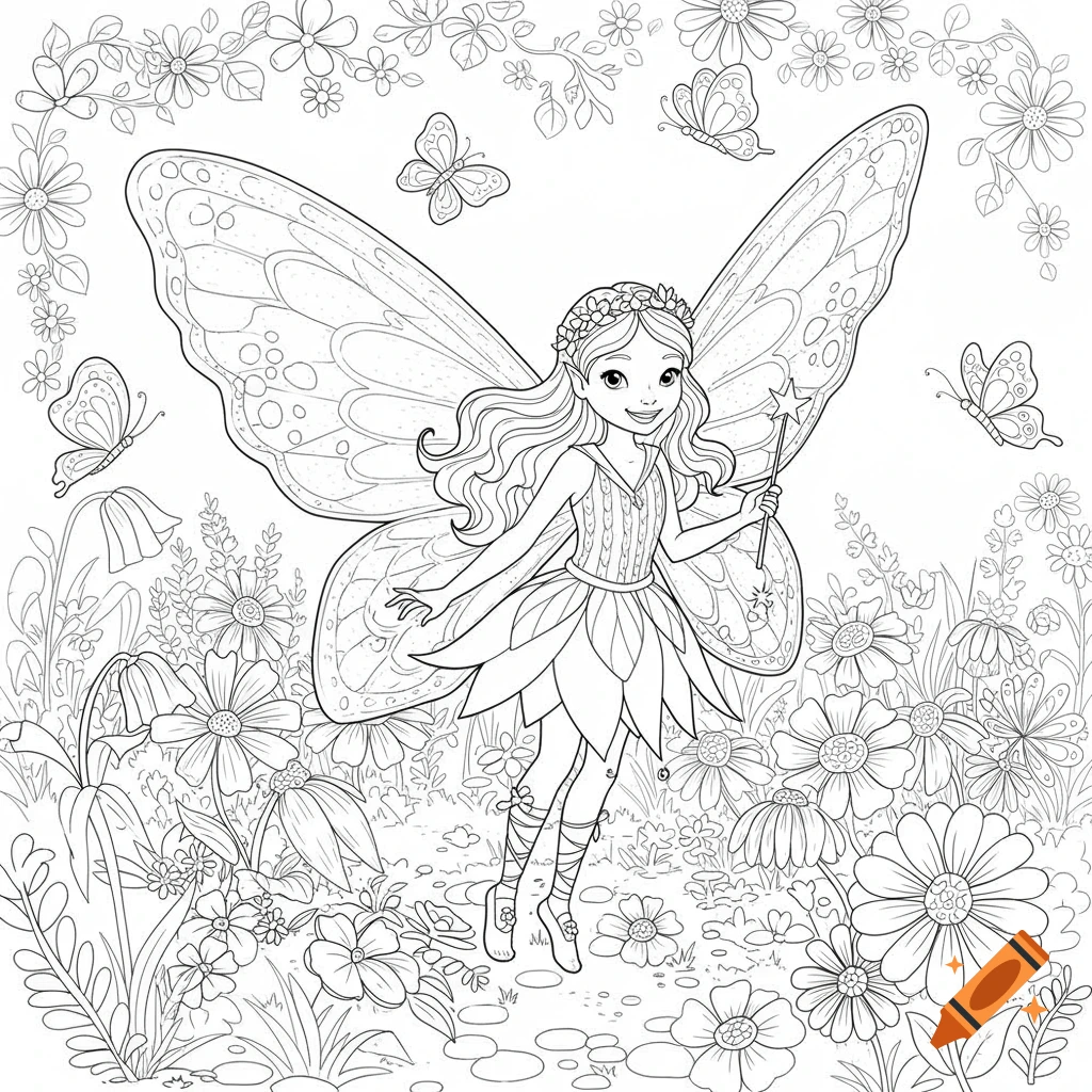 Line art coloring page of a friendly fairy with large wings and a wand, surrounded by flowers and butterflies.