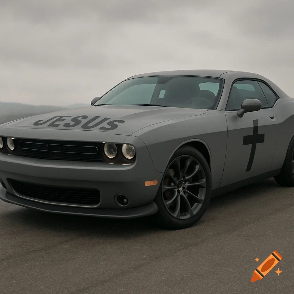 A grey Dodge Challenger with the name JESUS on the hood and a black cross on the side, on a road.