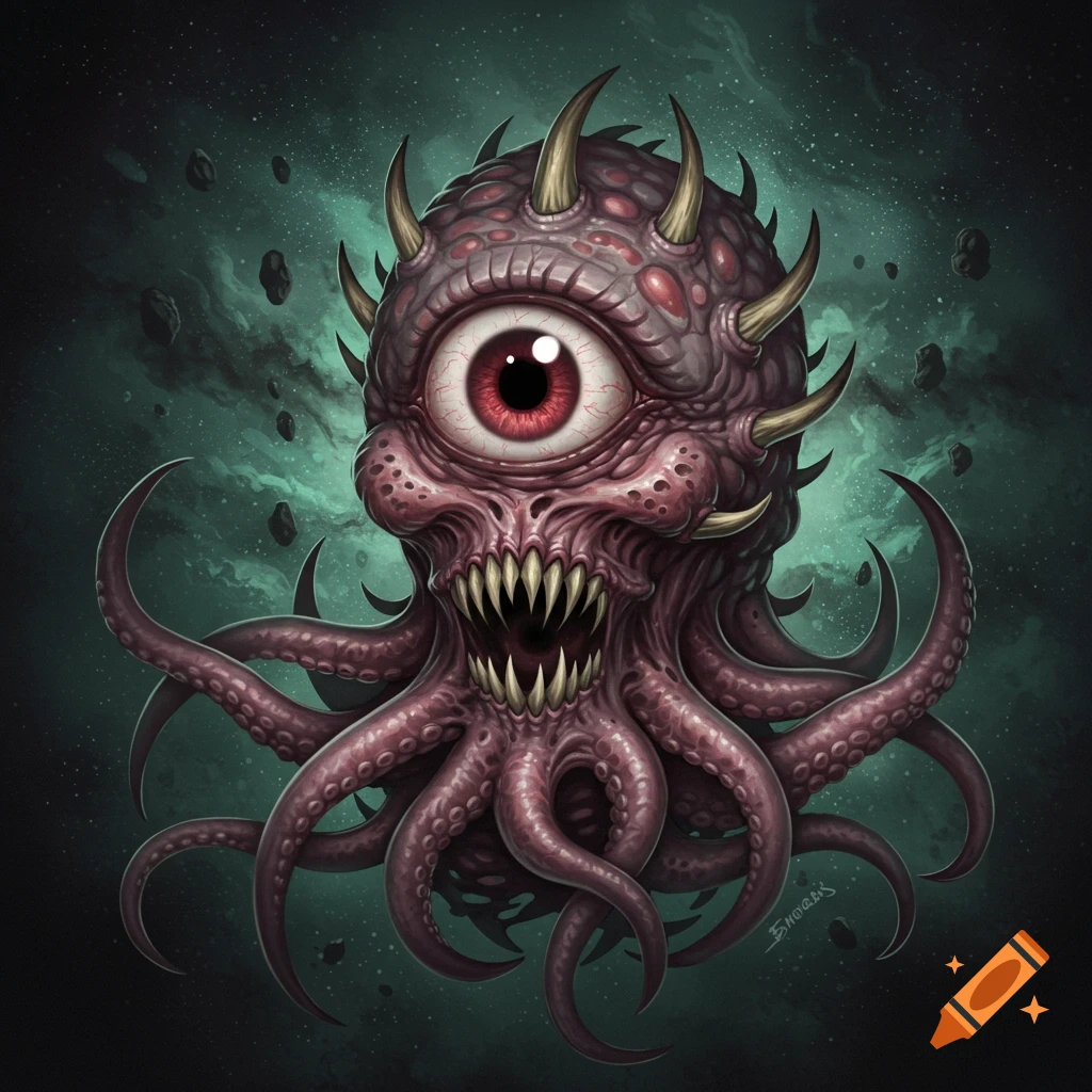 A purple monster with one large eye, tentacles, and teeth, floating in a starry space background.