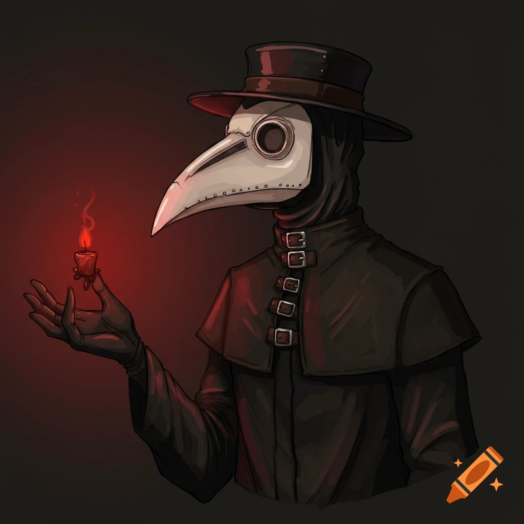 A plague doctor in a mask and hat holding a small lit candle in their gloved hand.