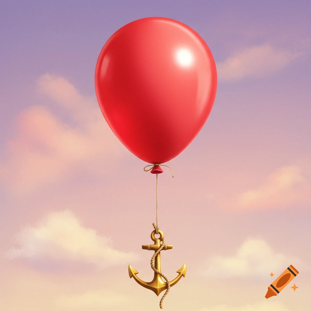 A large red balloon floats in a cloudy sky, tethered to a golden anchor.