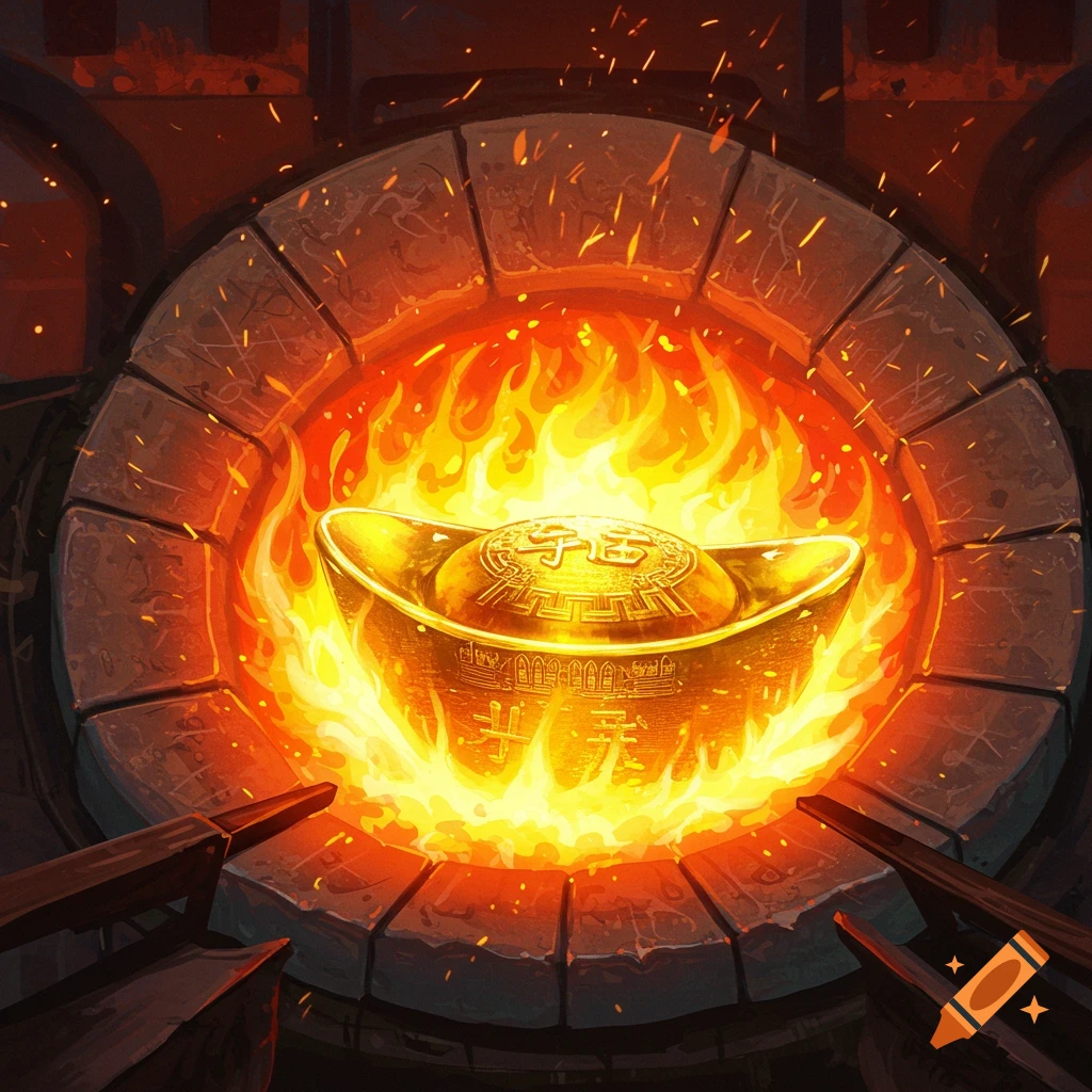 A golden ingot in a fiery furnace