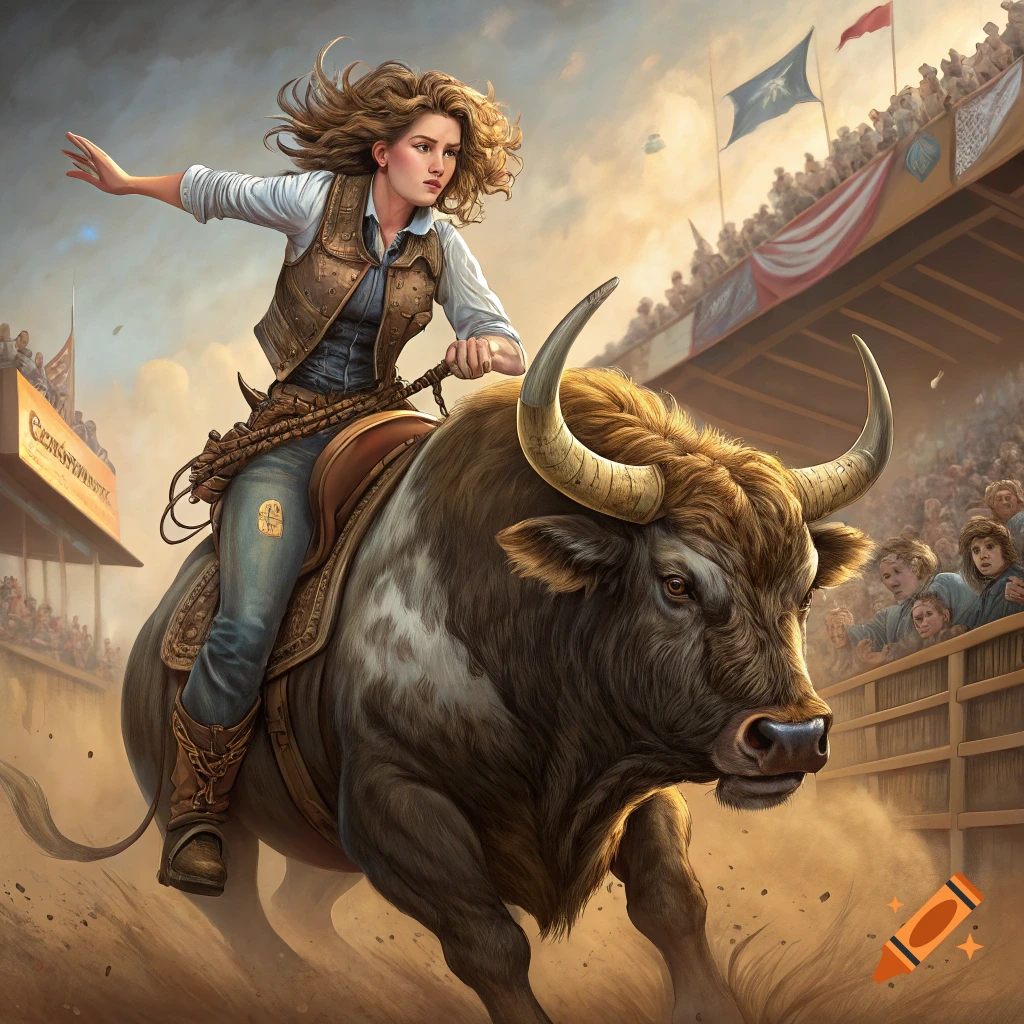 A woman rides a bucking bull in a rodeo arena packed with spectators.