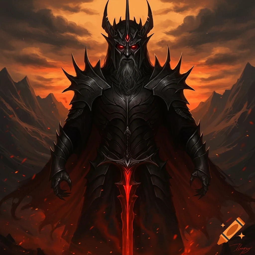 A dark figure in spiked black armor with red eyes and a fiery sword stands before mountains under an orange sky.